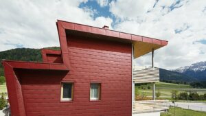 Fasádny šindeľ PREFA tmavošedá tmavočervená